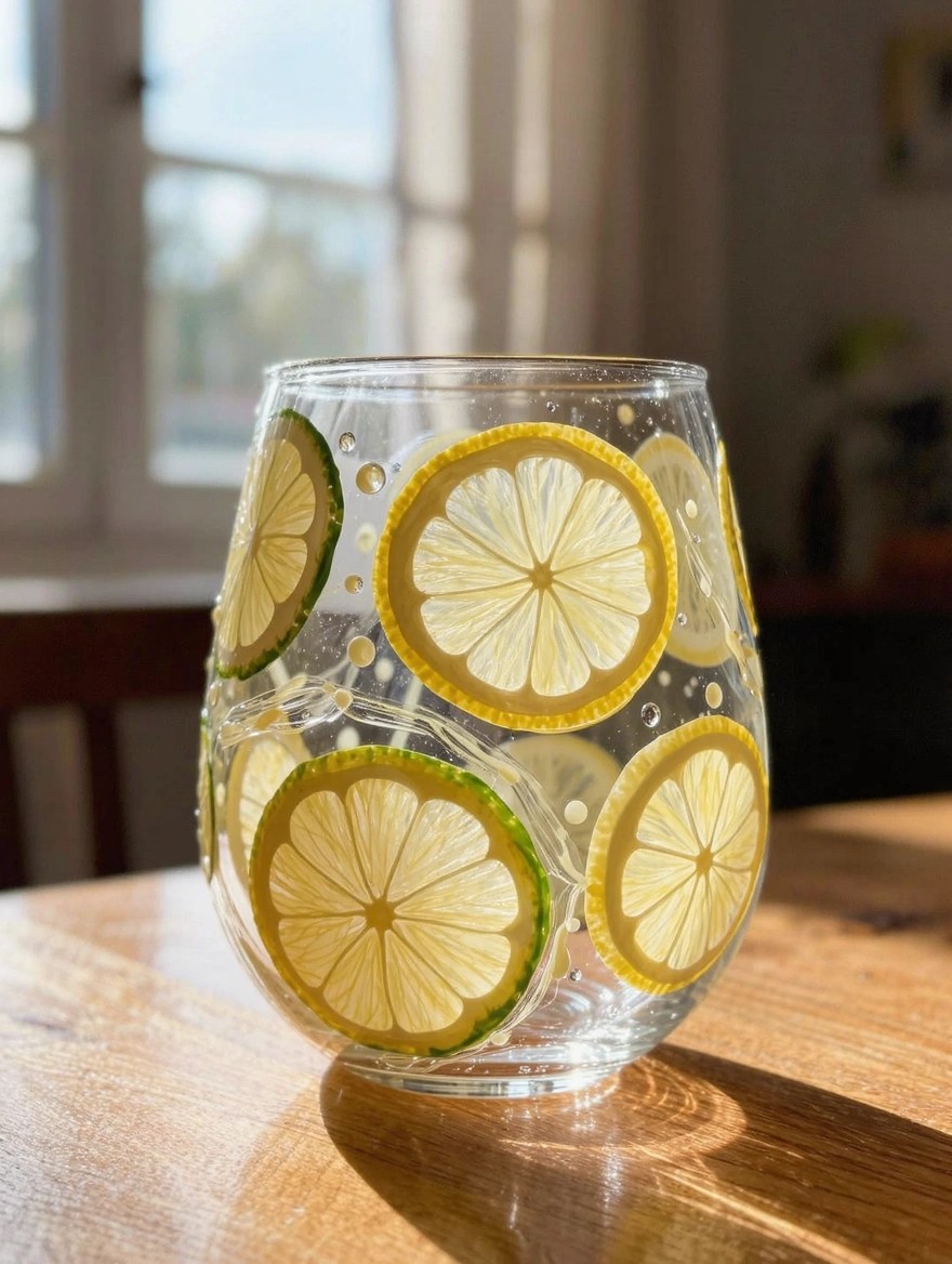 Clear stemless wine glass hand-painted with yellow lemon slices, green rinds, and white bubble dots on a wooden table in sunlight.