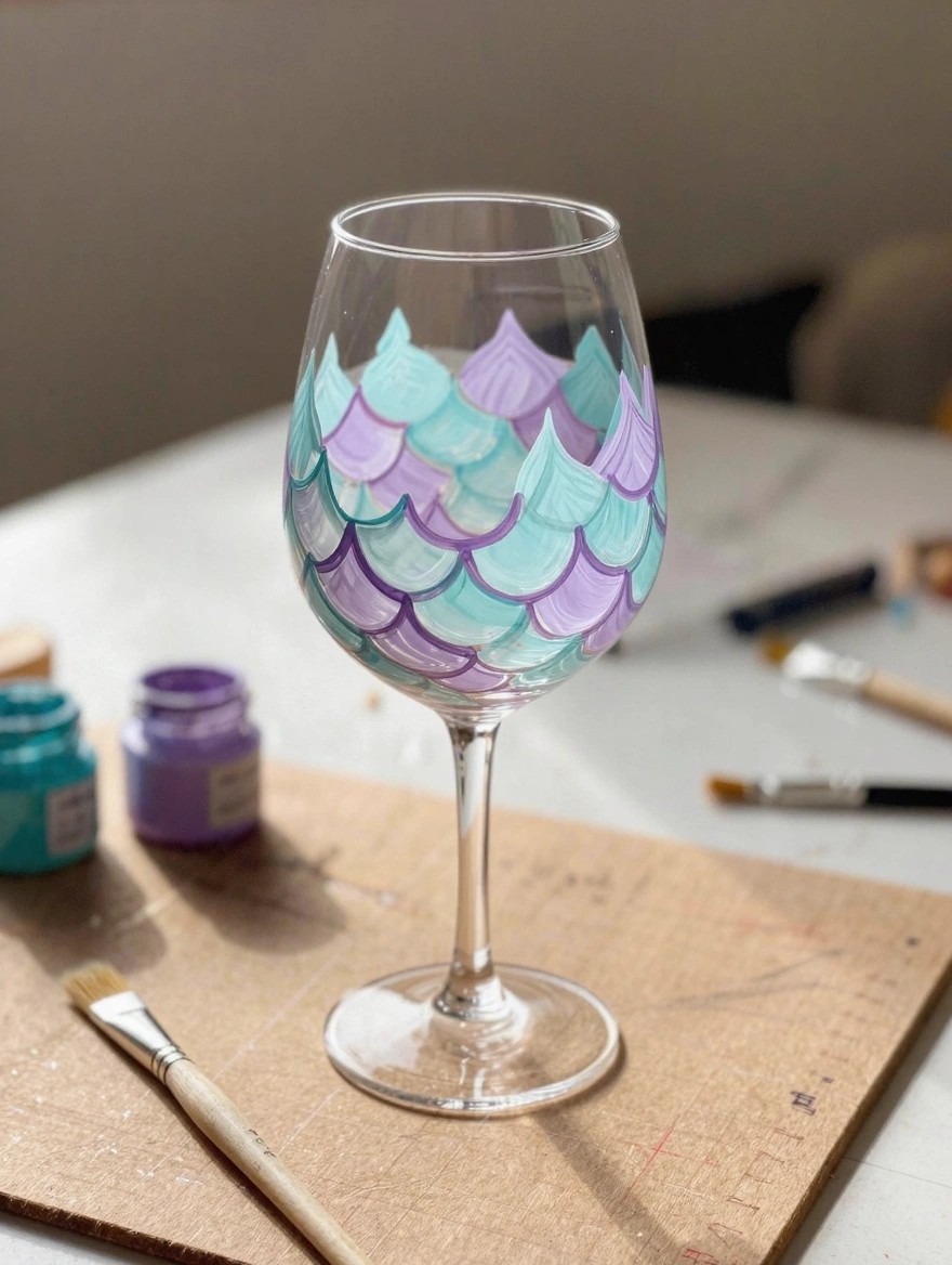 A clear stemmed wine glass with the bowl painted in overlapping teal and purple mermaid scales sits on a corkboard surface next to teal and purple paint bottles and brushes.