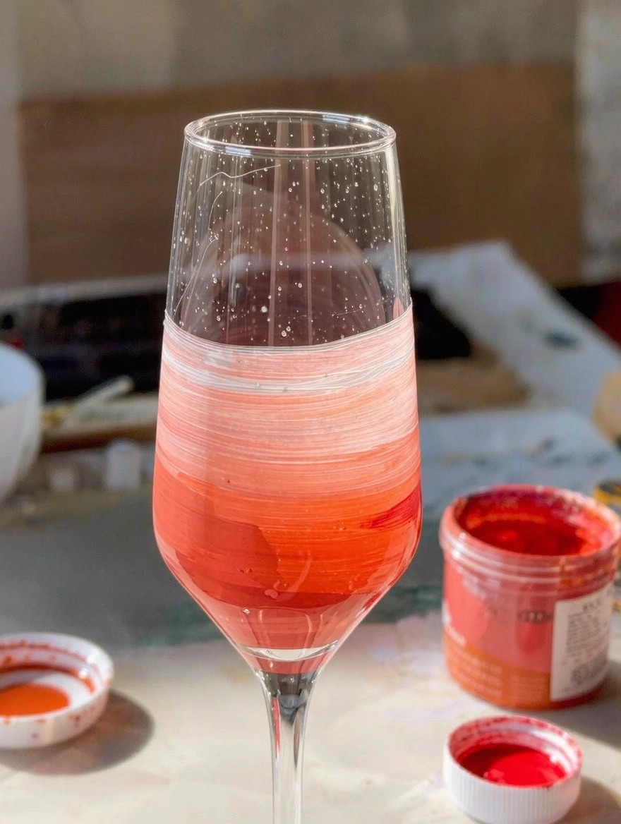 Clear stemmed wine glass with pink-to-red ombre stripes painted on the bowl, red paint jar and dishes on a workspace nearby.