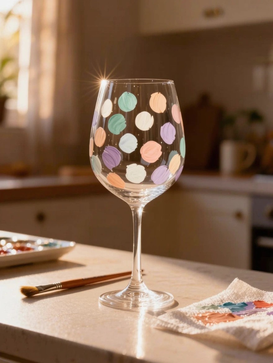 Clear stemmed wine glass painted with multicolored pastel dots on the bowl, next to a paintbrush, palette, and rag on a kitchen counter.