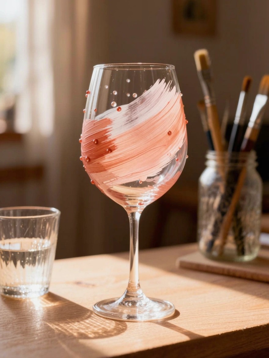 Painted wine glass with pink brush strokes and red dots on a wooden table next to brushes in a jar and a glass of water.