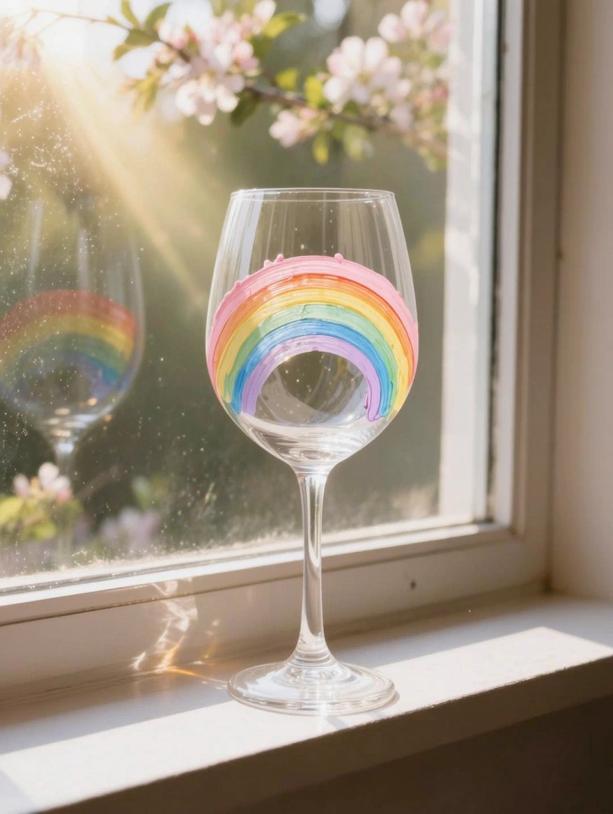A clear wine glass with a hand-painted rainbow on the bowl sits on a sunny windowsill, reflecting another rainbow inside, with pink blossoms visible outside.