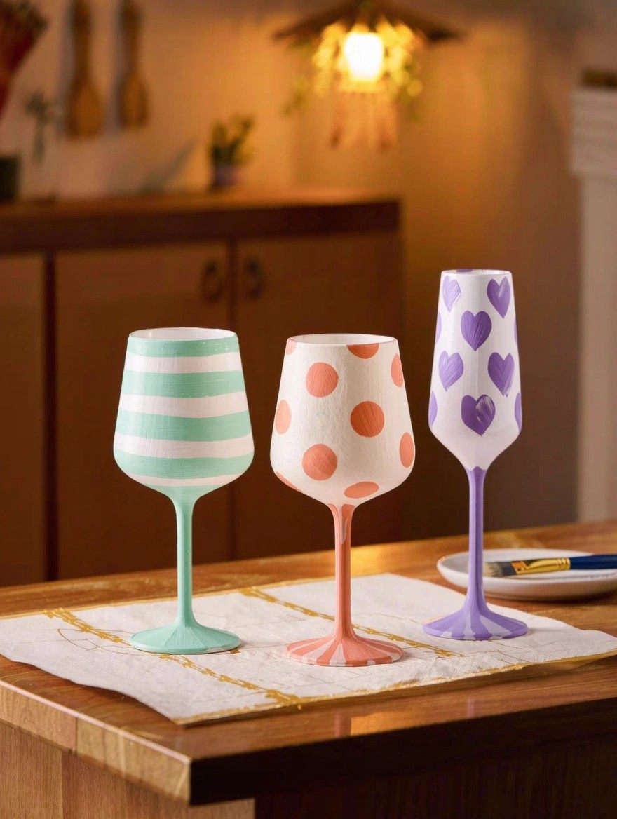 Three painted stemmed wine glasses on a table, one with green stripes, one with orange polka dots, and one with purple hearts, plus a brush nearby.