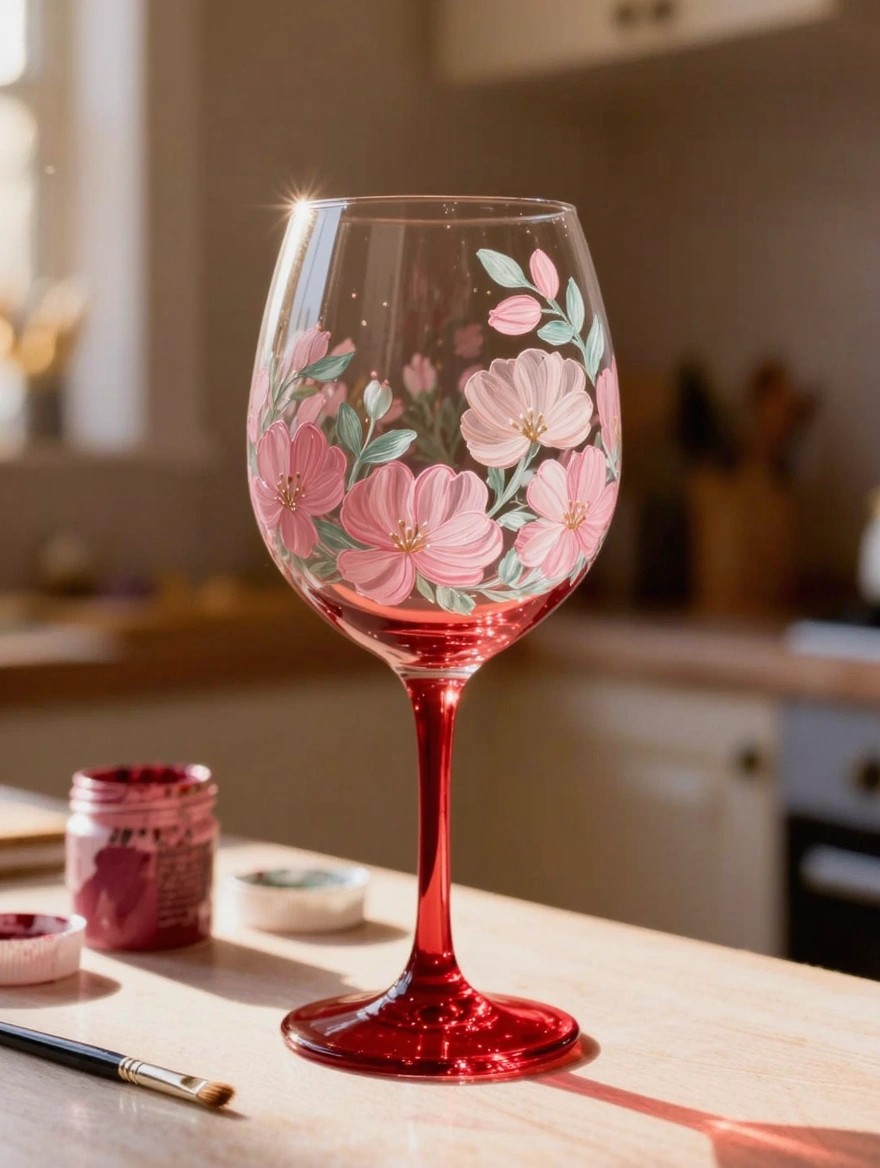 Hand-painted stemmed wine glass with pink flowers and leaves on the clear bowl and red stem and base, next to pink paint jar, palette, and brush on a wooden table.