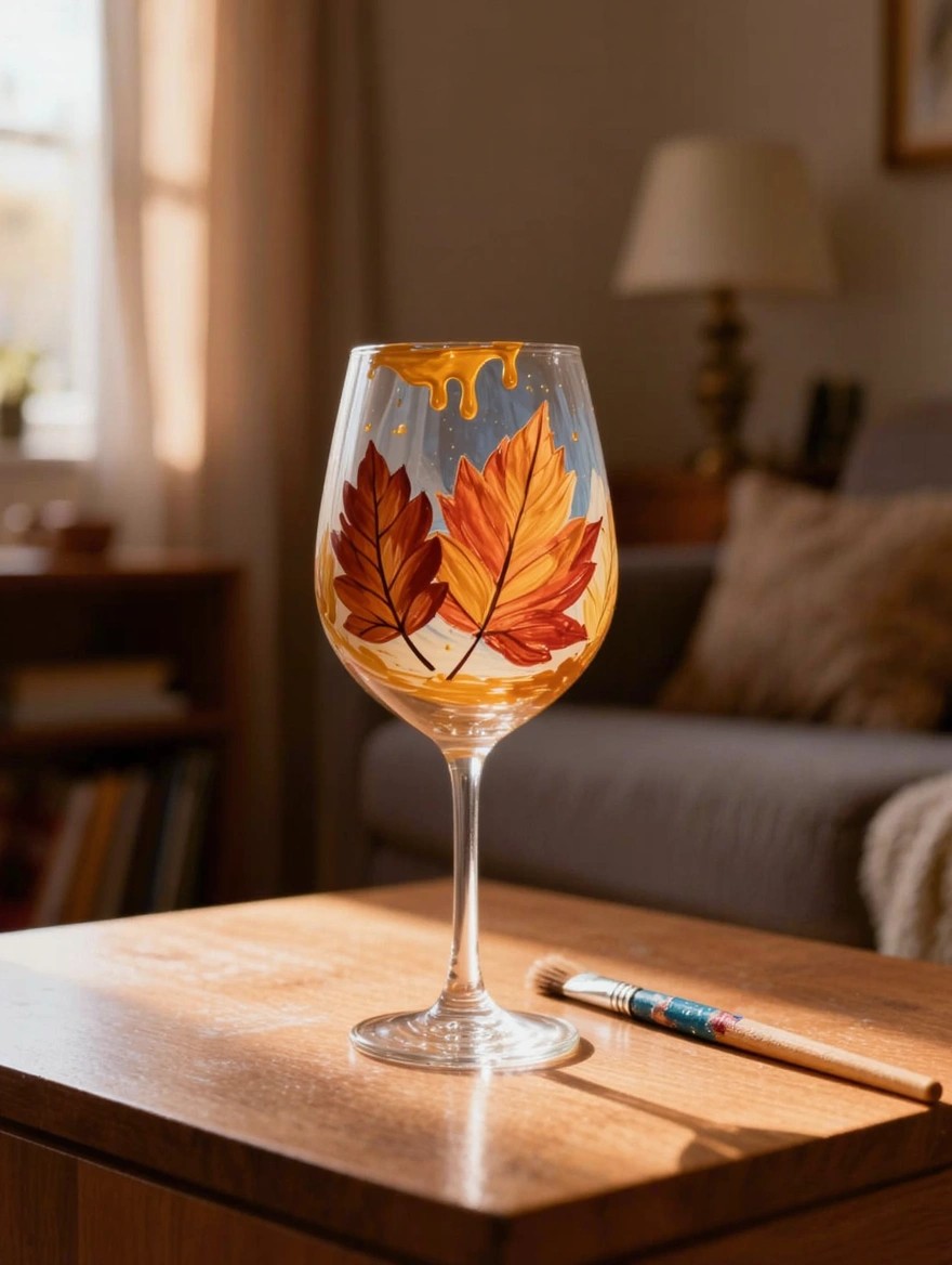 A clear stemmed wine glass painted with orange and red maple leaves and dripping gold paint sits on a wooden table beside a paintbrush in a cozy room.