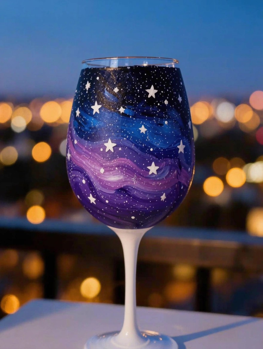 A stemmed wine glass painted with swirling blue, purple, and black galaxy patterns and white stars, set on a table with blurred city lights in the background at dusk.