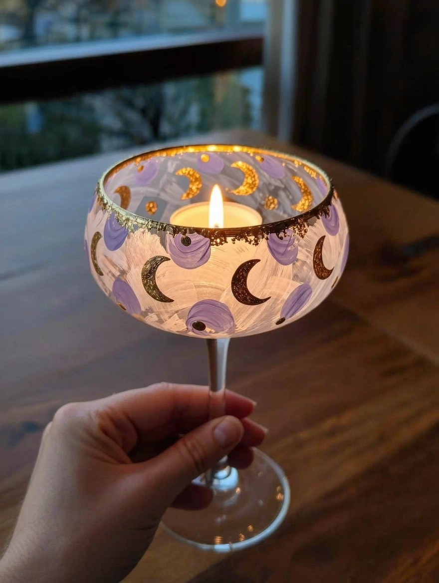 A hand holds a stemmed clear glass coupe painted with purple crescent moons and gold glitter edges containing a lit tealight candle on a wooden table.