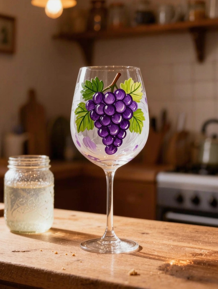A clear stemmed wine glass with purple grapes and green leaves painted on the bowl stands on a wooden kitchen counter next to a mason jar filled with water.
