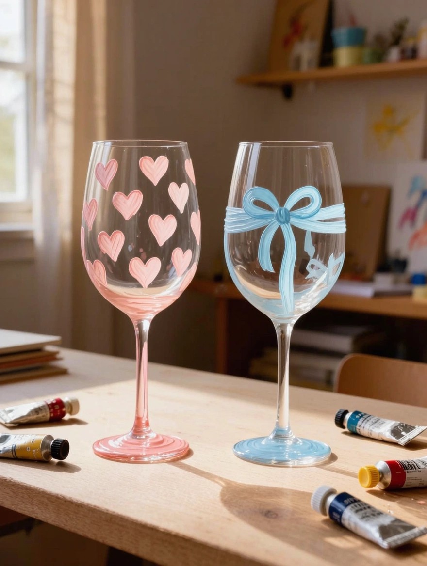Two translucent painted wine glasses on a wooden table, left one pink with scattered pink hearts and right one with blue ribbon bow, surrounded by paint tubes in an art studio.