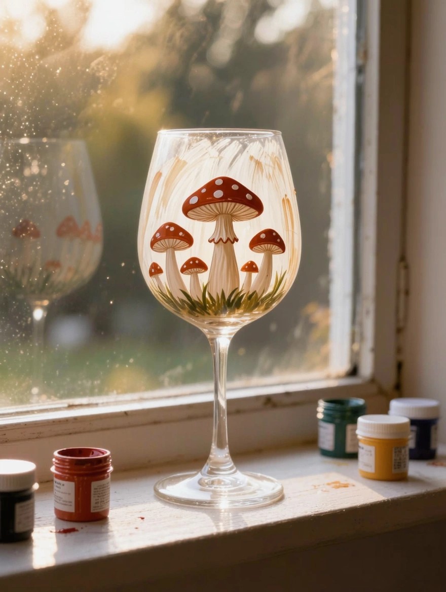 A stemmed wine glass painted with red and white spotted mushrooms on the bowl sits on a windowsill surrounded by small paint jars, with sunlight creating glow and reflections through the glass.