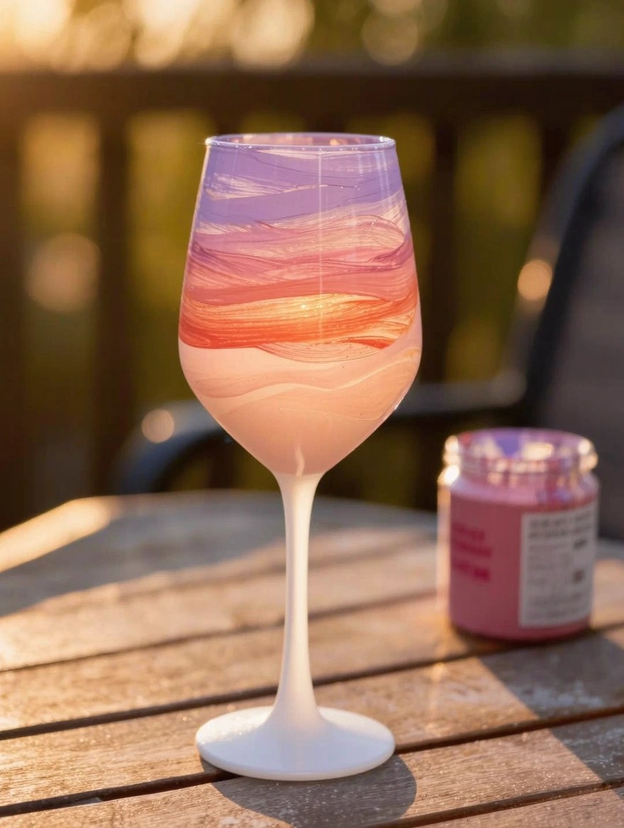 A stemmed wine glass painted with swirling purple-to-pink-to-orange ombre gradients sits empty on a wooden deck table next to a pink candle jar at sunset.