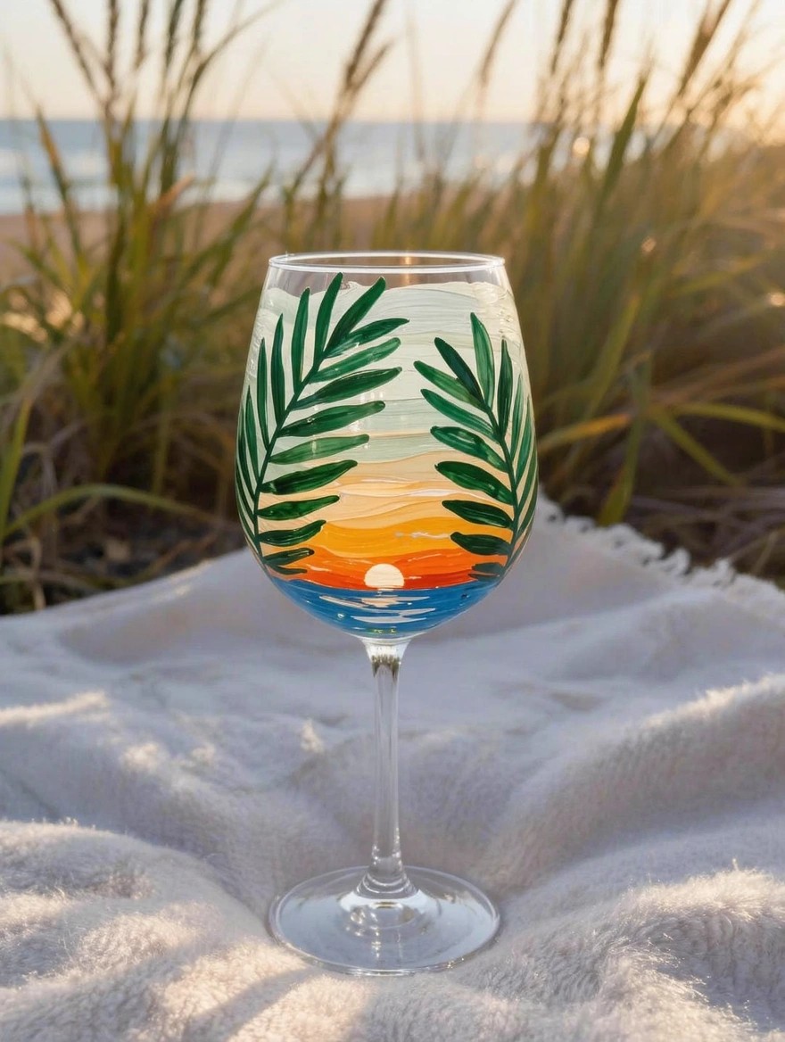 A stemmed wine glass painted with green palm leaves framing an orange gradient sunset over blue water, sitting on a light blanket with beach grass in the background.