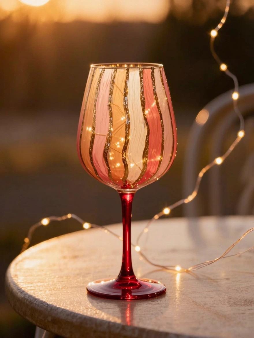 A wine glass painted with pink and gold stripes contains fairy lights and sits on a table at sunset with string lights nearby.