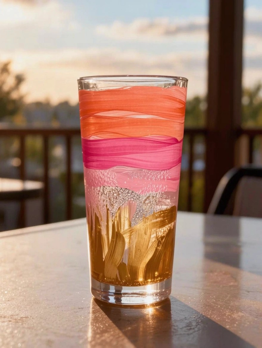 Tall clear drinking glass painted with abstract orange, pink, and gold wavy brush strokes on an outdoor table at sunset.