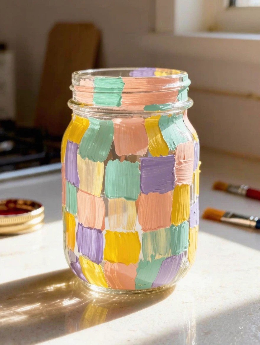 Glass mason jar painted with irregular colorful rectangles in pastel pink, green, yellow, purple, and orange, on a kitchen counter next to brushes and a metal lid.