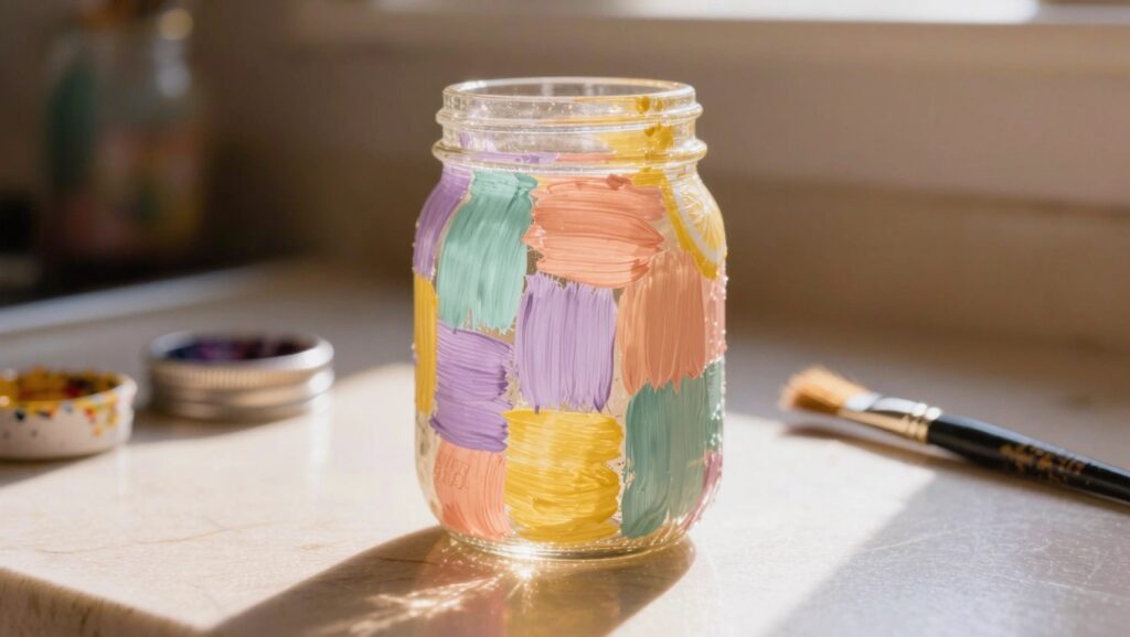 22 Colorful Glass Painting Designs That Create a Vibrant Mood Boost Glass mason jar painted with irregular colorful rectangles in pastel pink, green, yellow, purple, and orange, on a kitchen counter next to brushes and a metal lid.