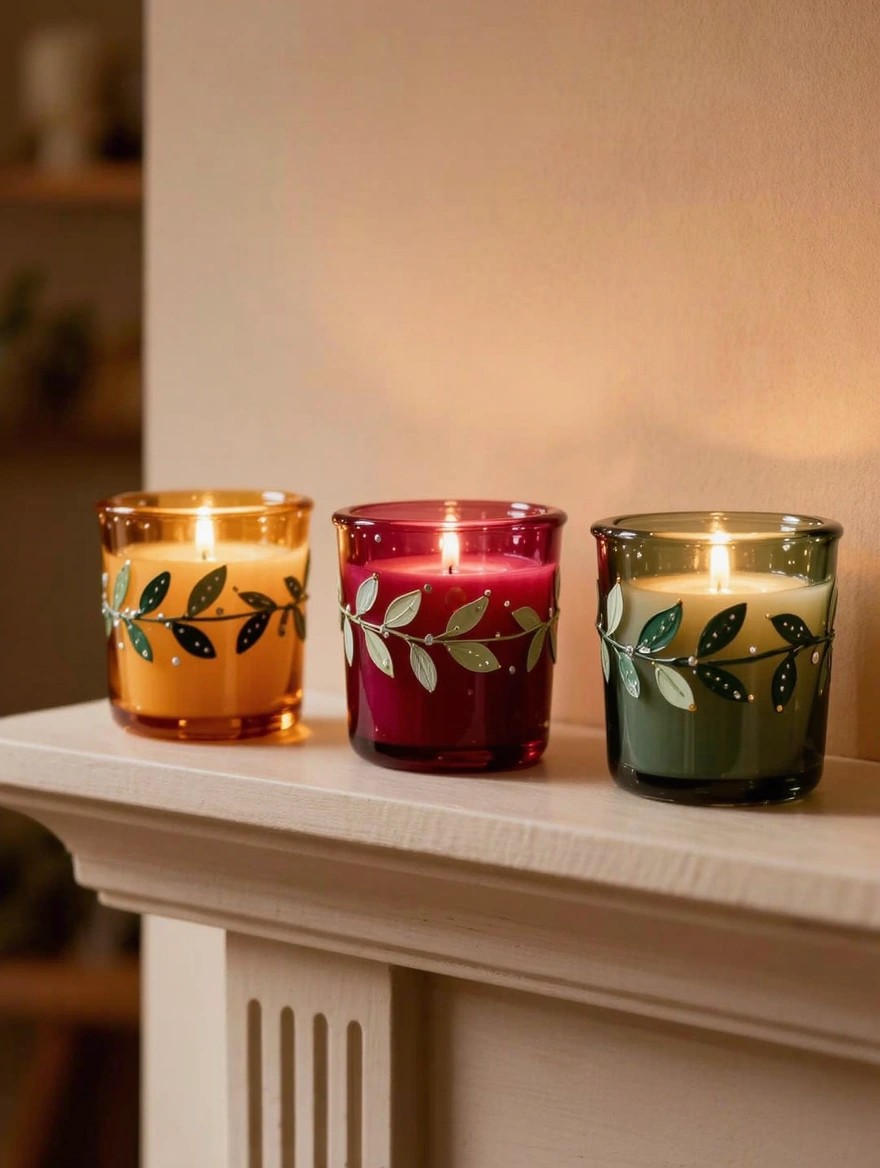 Three lit glass votive candle holders painted with wrapping leaf garlands in orange, red, and green sit on a wooden mantel.