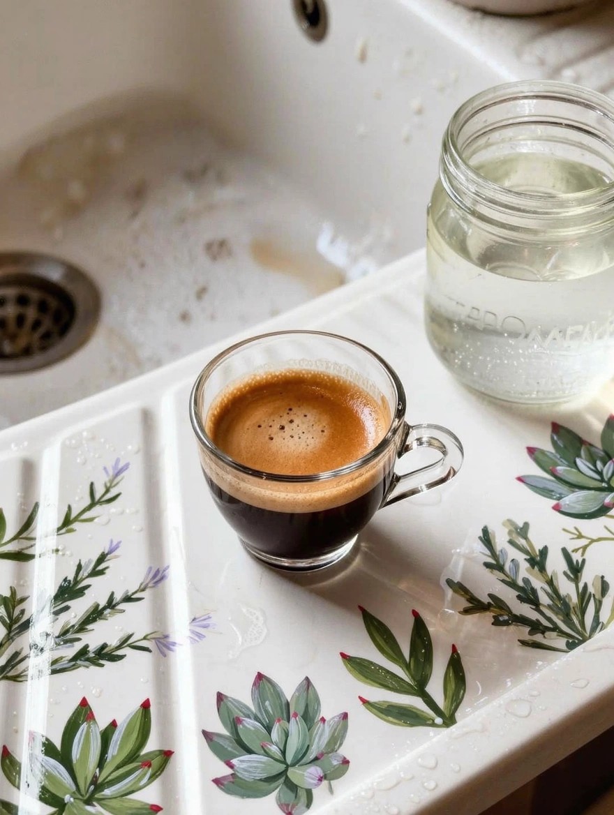 A clear glass espresso cup and a labeled glass jar of water sit on a white rectangular sink drainer painted with colorful succulents, lavender, and leaves, surrounded by water droplets on a wet sink surface.