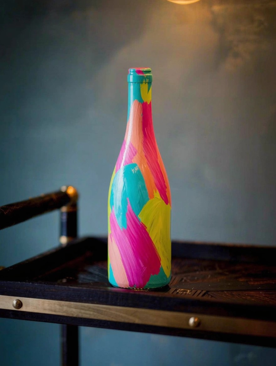 A clear glass wine bottle painted with bold, multicolored abstract brush strokes sits on a brass-edged wooden tray under warm lighting.