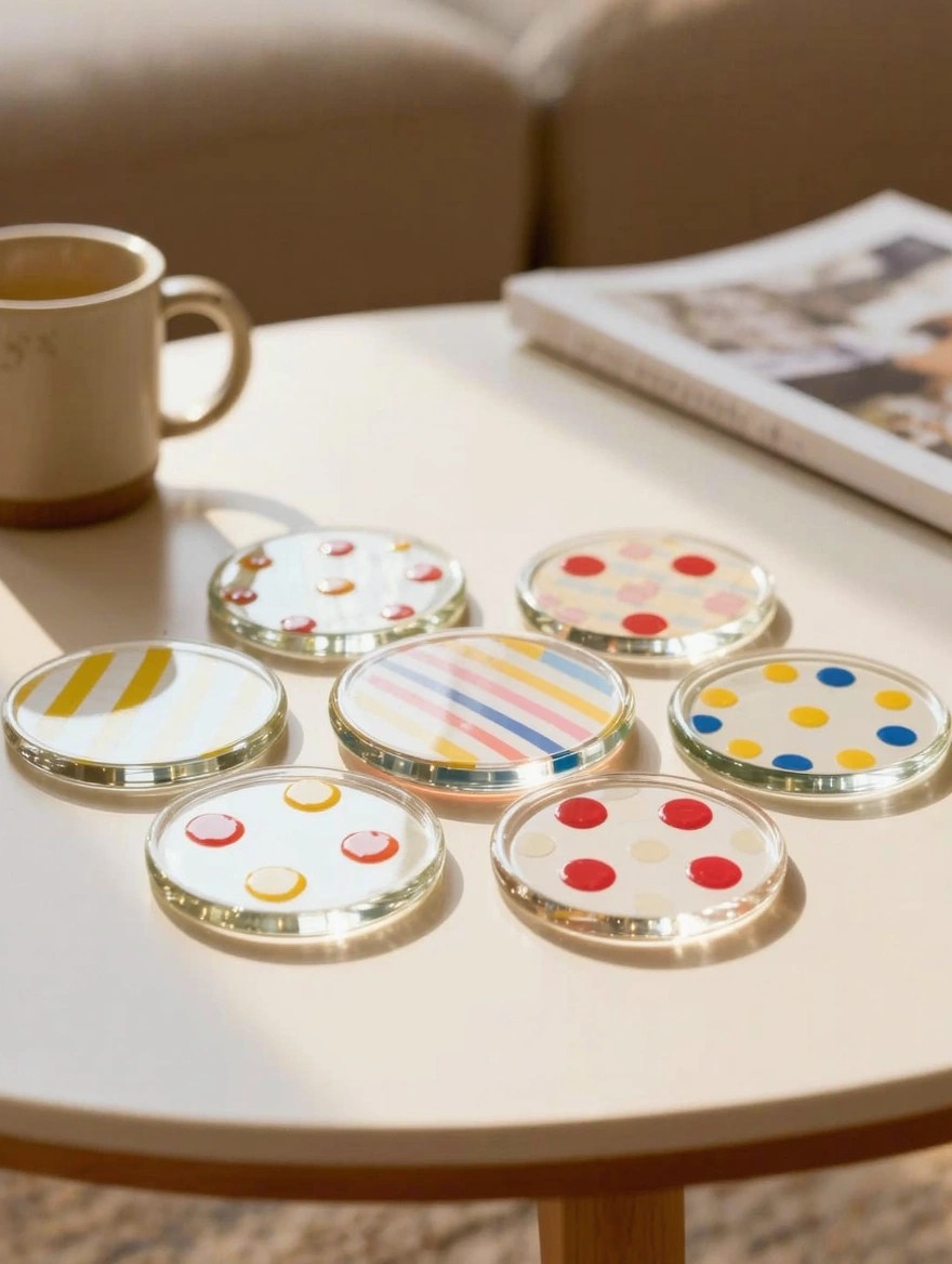 Several clear round glass coasters painted on the bottom with colorful stripes, polka dots, and spots in pastel shades sit on a light wood table beside a beige mug and magazine.