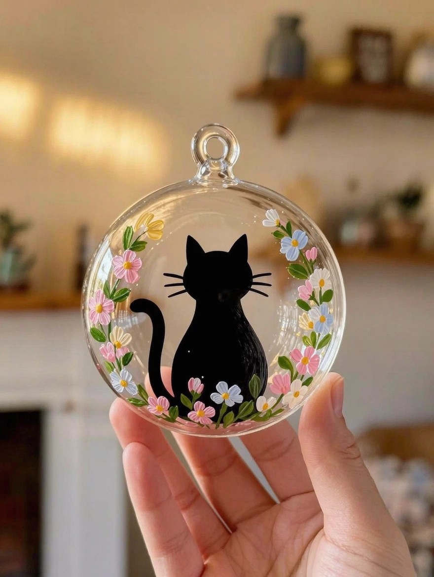 A hand holds a clear glass spherical ornament with a painted black silhouette cat inside a border of colorful flowers.