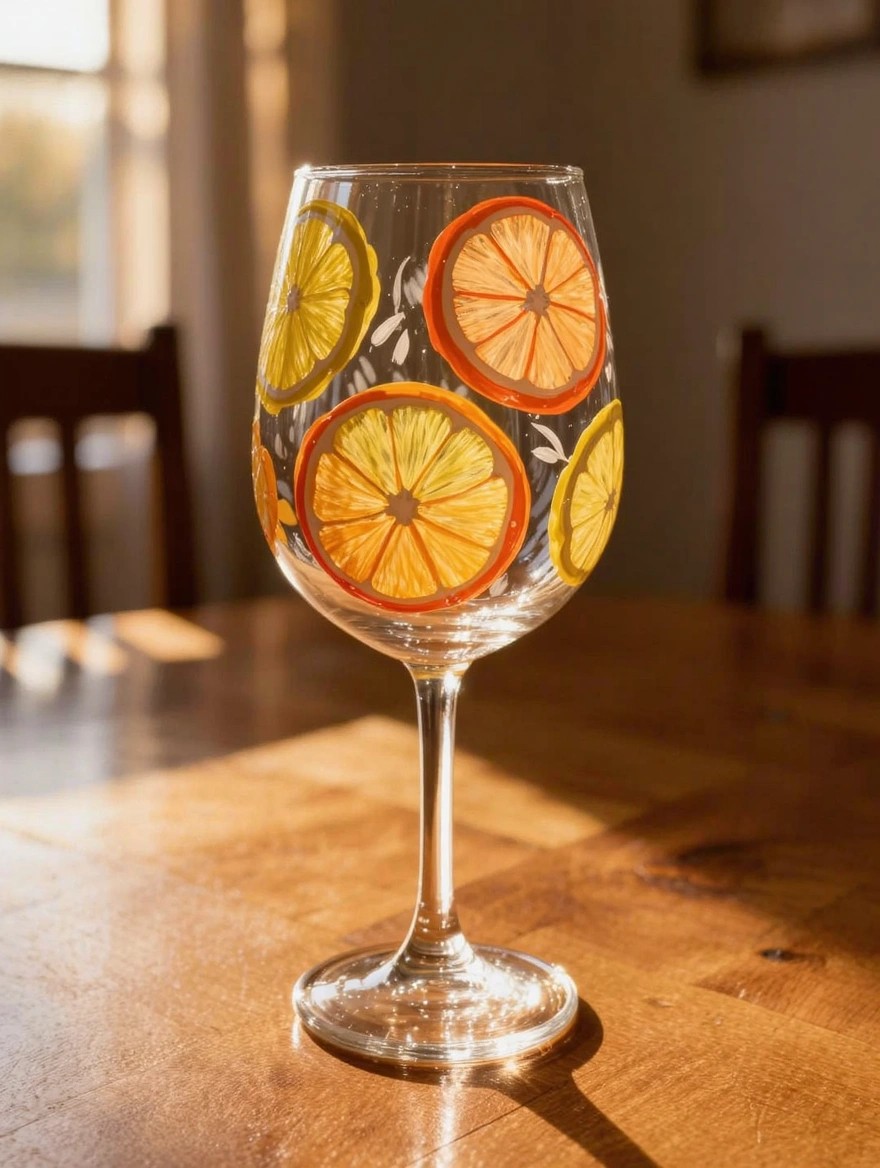 A clear wine glass painted with orange and lemon slices sits on a wooden table near a window.