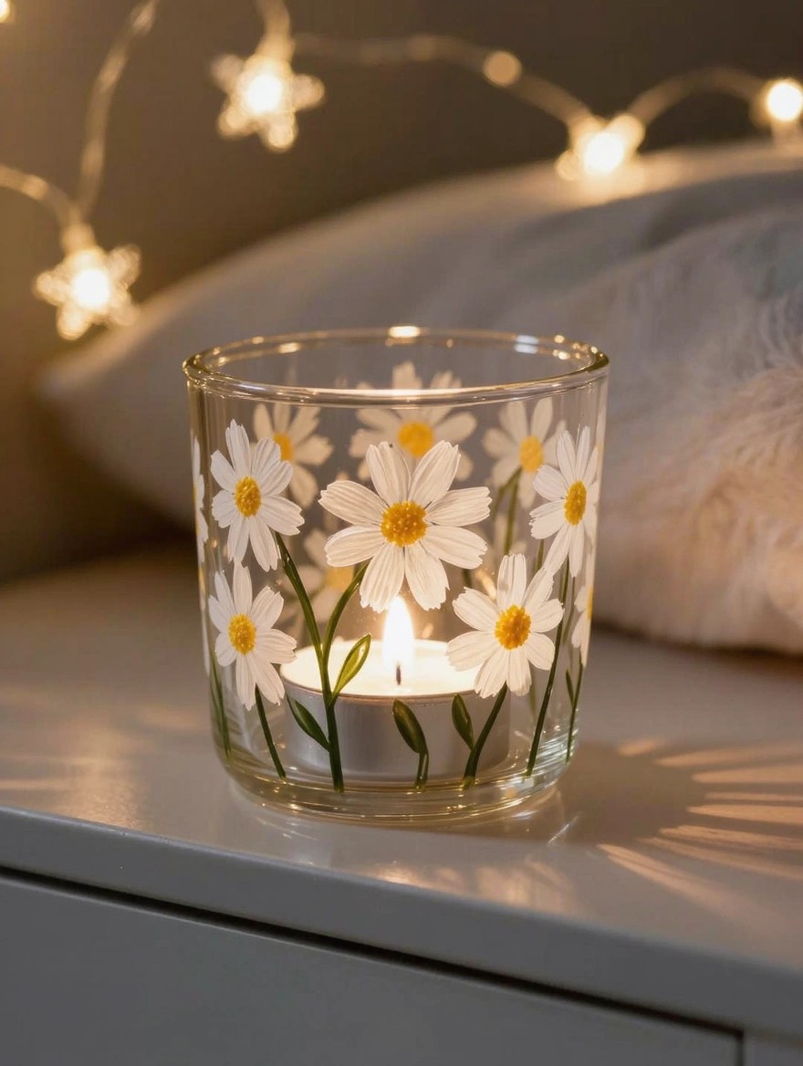 Clear glass tea light holder painted with white daisies, yellow centers, and green stems, holding a lit candle on a bedside table with fairy lights nearby.