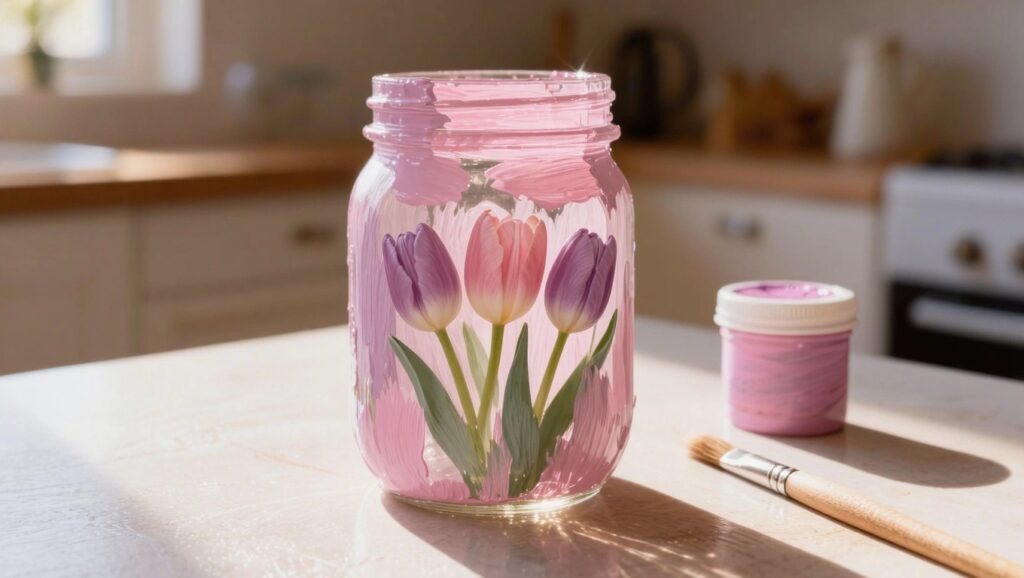 Pink painted glass mason jar with purple, pink, and lavender tulips and green stems, purple paint jar, and brush on a kitchen counter.
