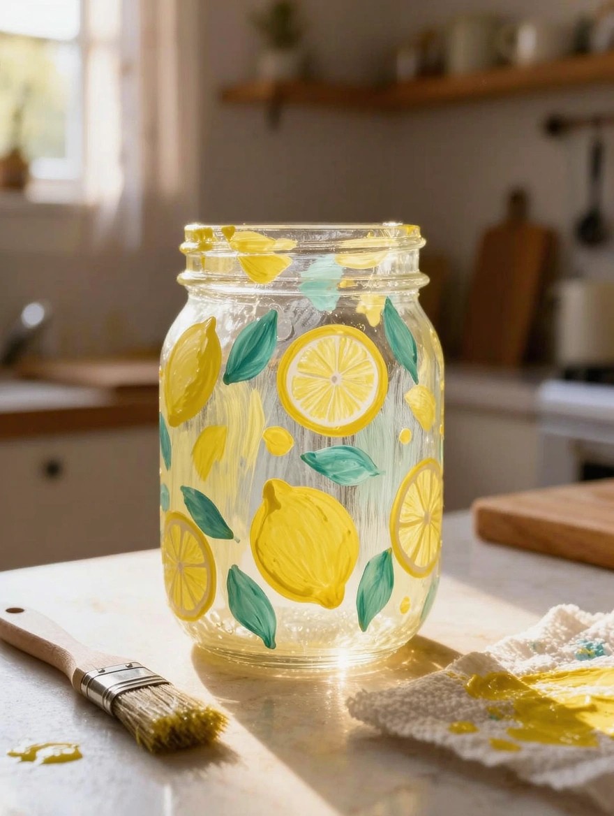 Clear mason jar painted with yellow lemon slices and green leaves sits on a kitchen table beside a paintbrush and yellow paint smears.