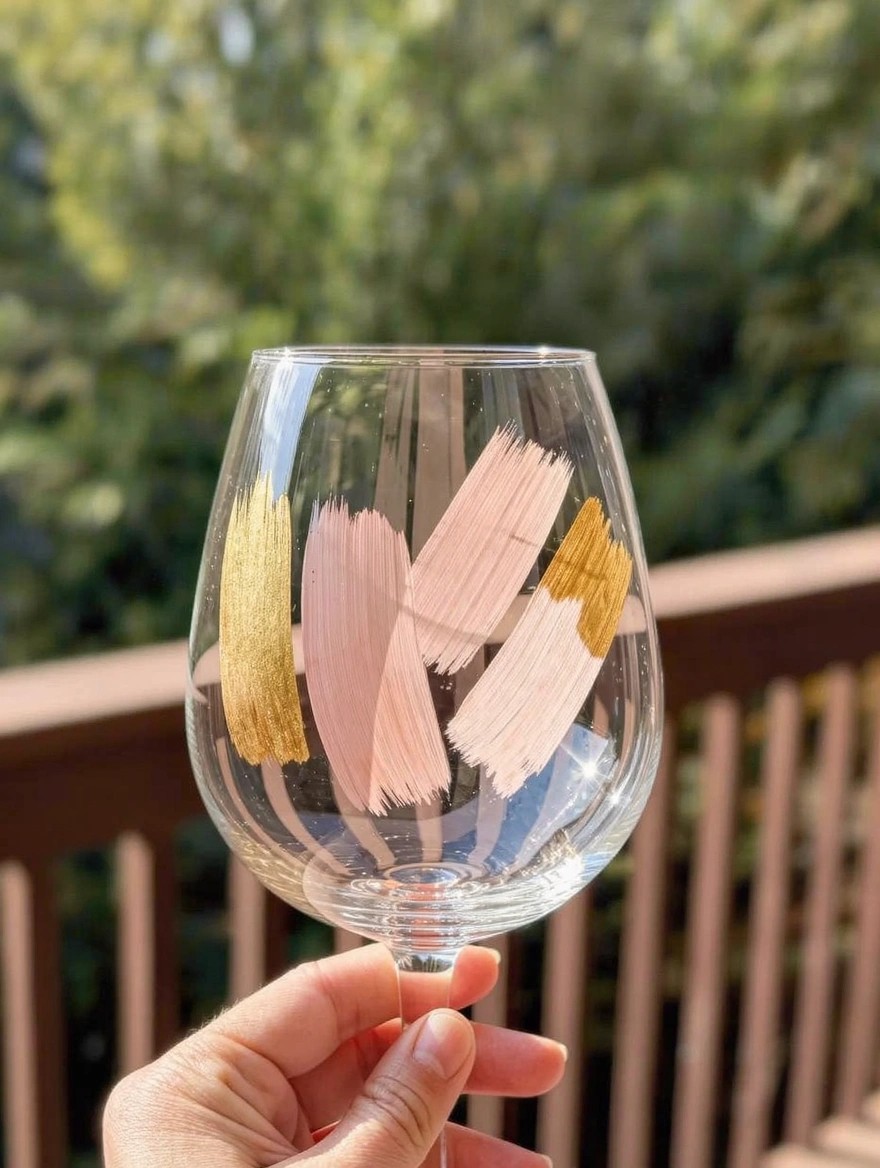 Clear stemmed wine glass with abstract pink and gold brush strokes on the bowl, held by a hand on a wooden deck with greenery in the background.