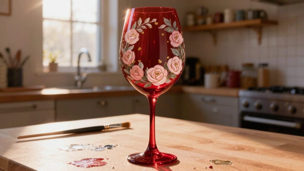 19 Elegant Wine Glass Painting Ideas That Feel Truly Gift Worthy A stemmed wine glass with a red base painted with a wreath of pink roses, green leaves, and gold dots sits on a wooden table next to paint supplies and brushes.