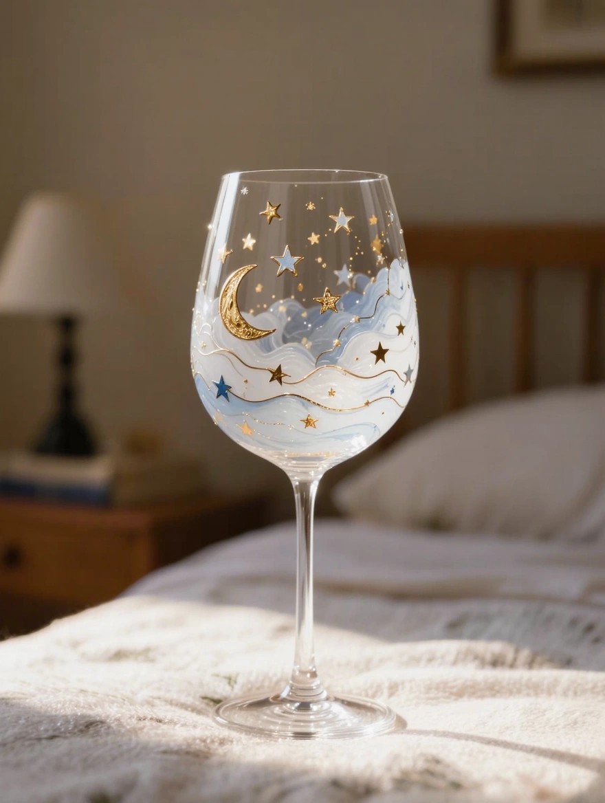 A stemmed clear wine glass hand-painted with a gold crescent moon, gold stars, and blue-white cloudy sky on the bowl, placed on a white bedspread next to a wooden nightstand.