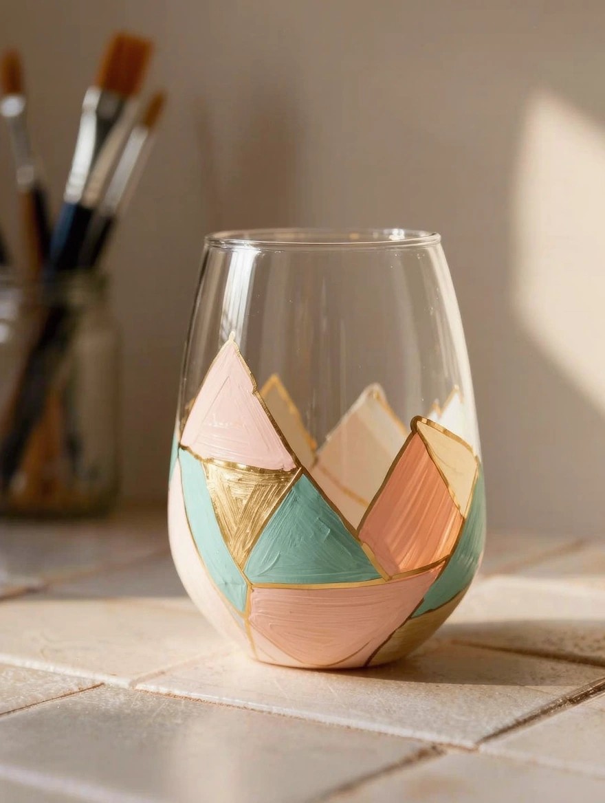 Stemless wine glass painted with geometric triangles in pink, teal, cream, and gold next to brushes on a light surface.