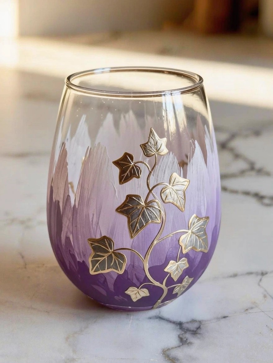 A stemless wine glass with a hand-painted purple gradient base and gold ivy leaf vines on a marble countertop.