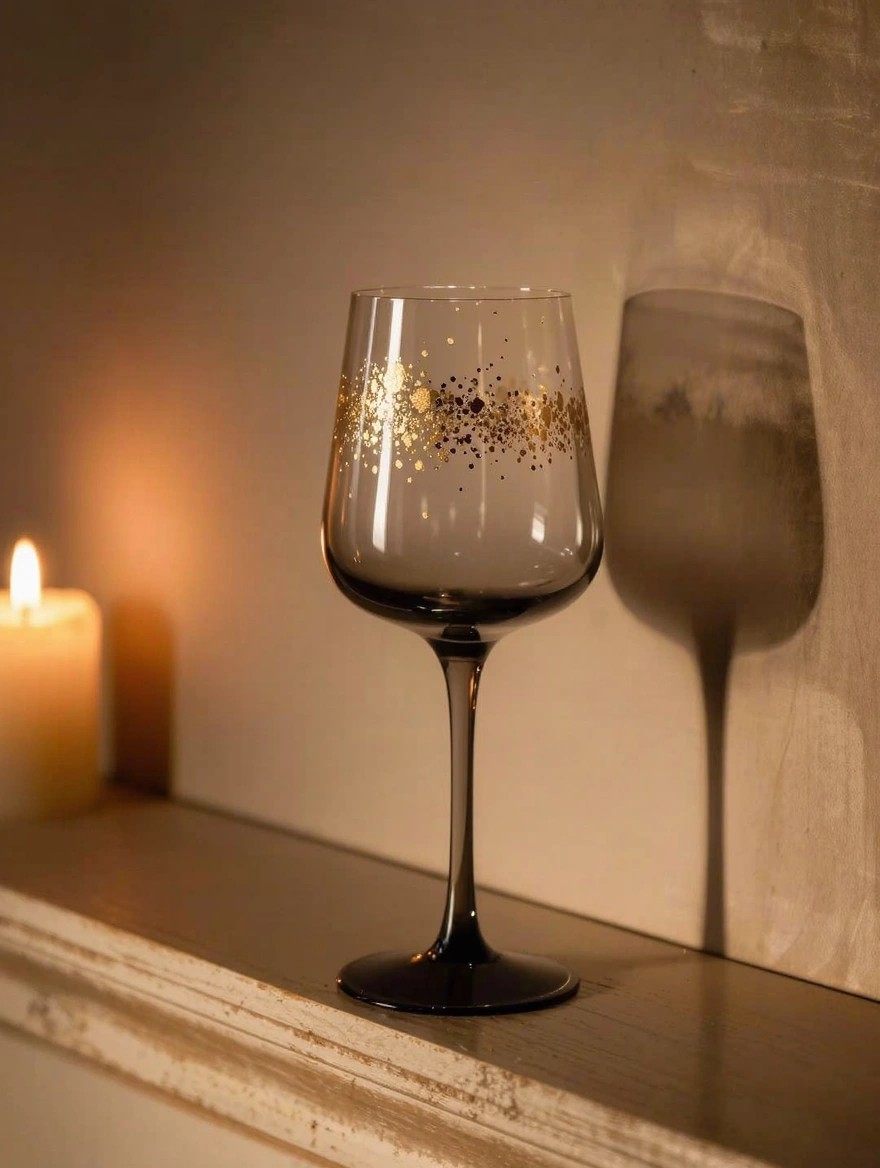 A stemmed smoky gray wine glass with gold specks on the bowl sits on a wooden shelf beside a candle, casting a tall shadow on a beige wall.