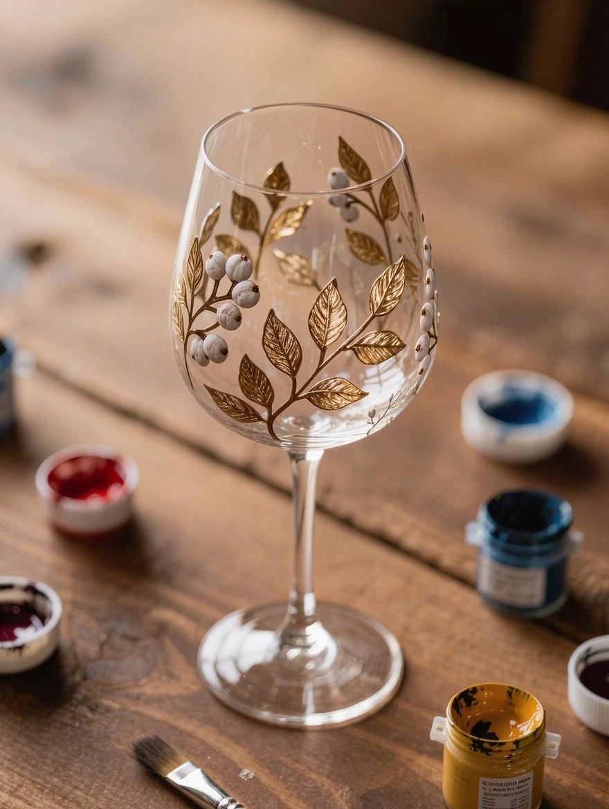 Clear stemmed wine glass painted with gold leaves and white berries on a wooden table next to paint pots and a brush.
