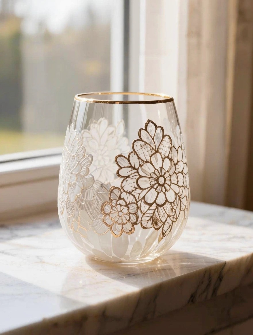 Clear stemless wine glass tumbler painted with white lace floral designs and gold outlines and rim on marble surface near window.
