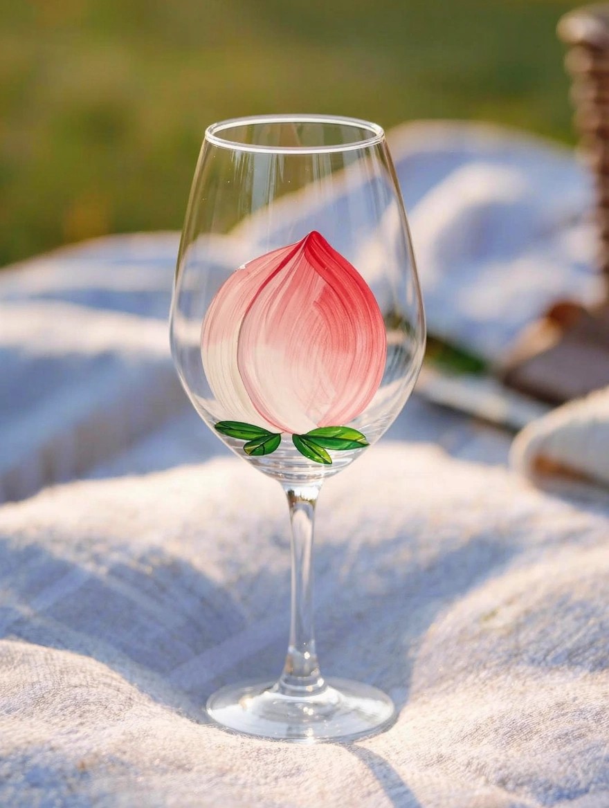 Clear wine glass with hand-painted pink peach and green leaves on the bowl, placed on a picnic blanket with grass and basket in the background.