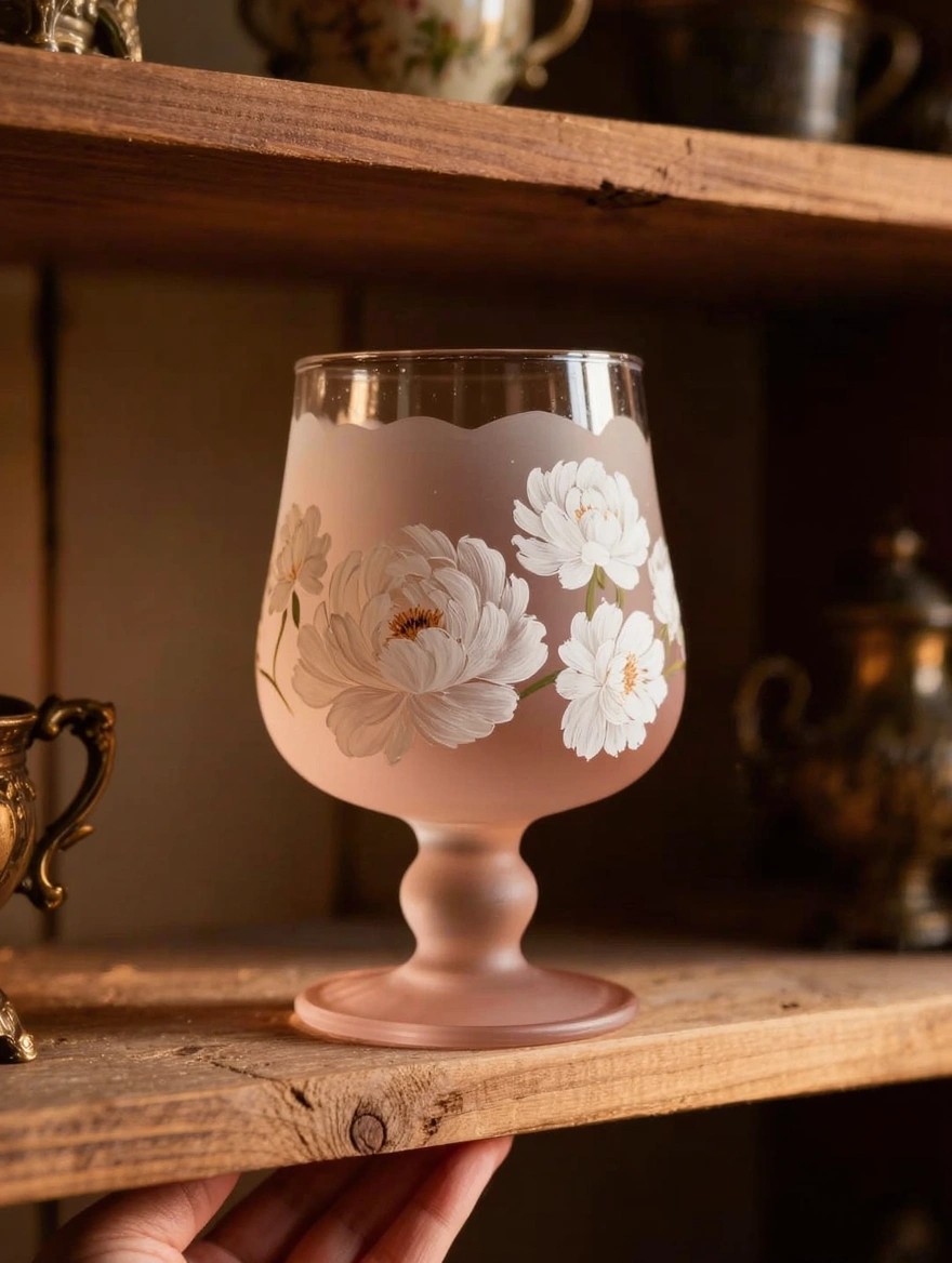 A hand holds a footed pink glass goblet painted with white peony flowers on a wooden shelf next to antique metalware.