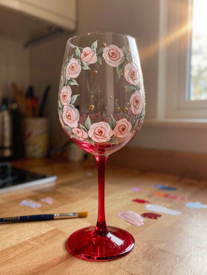 A stemmed wine glass with a red base painted with a wreath of pink roses, green leaves, and gold dots sits on a wooden table next to paint supplies and brushes.