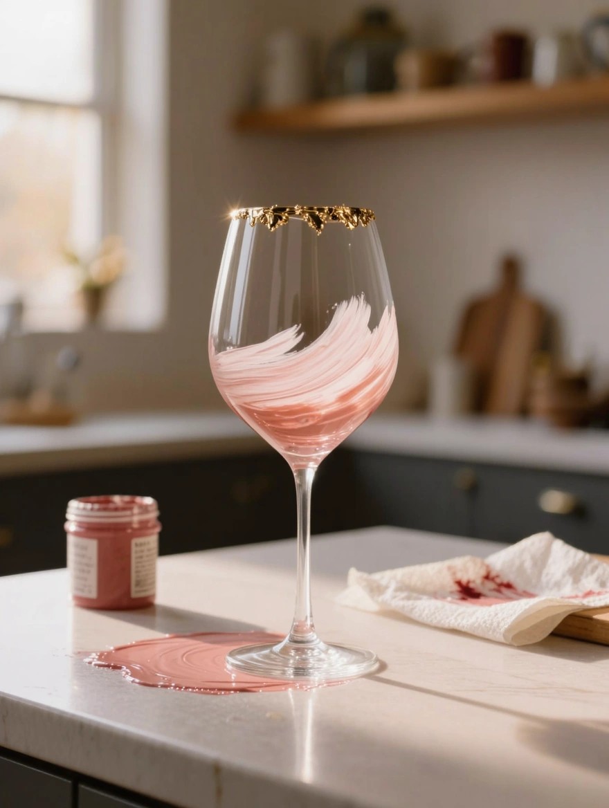 A clear wine glass with pink swirled paint inside the bowl and ornate gold paint on the rim sits on a counter next to a jar of pink paint, with pink spills nearby.