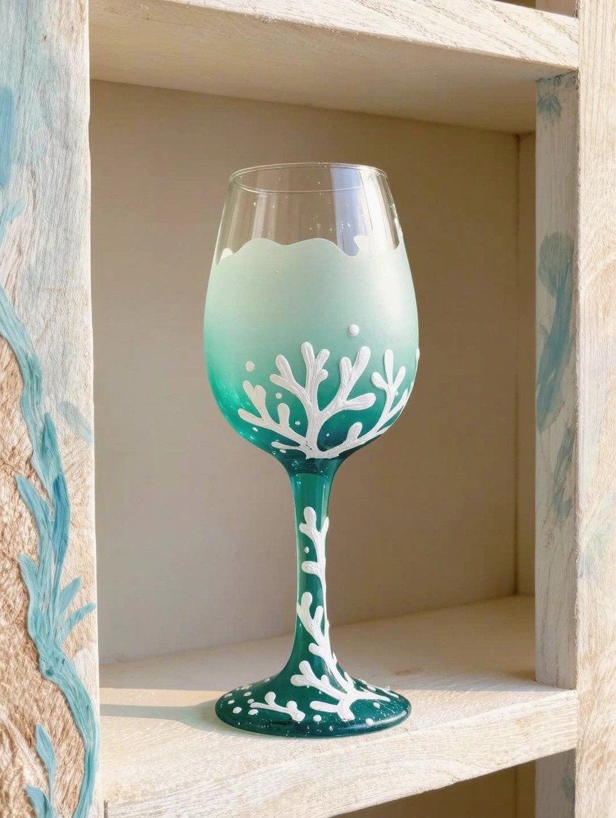 A stemmed wine glass painted in ombre teal gradient with white coral designs sits on a wooden shelf surrounded by sea-themed accents.