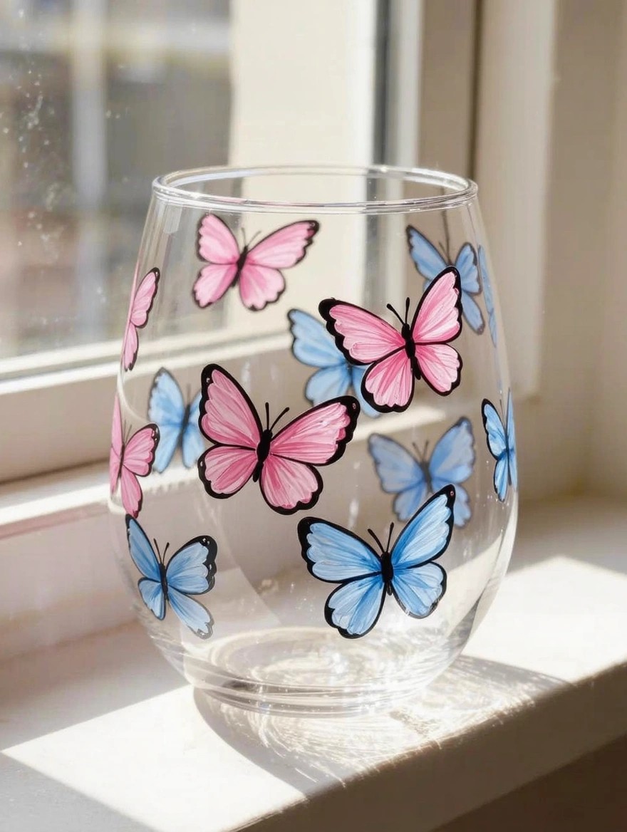 A clear stemless wine glass painted with pink and blue butterflies outlined in black sits on a sunlit windowsill.