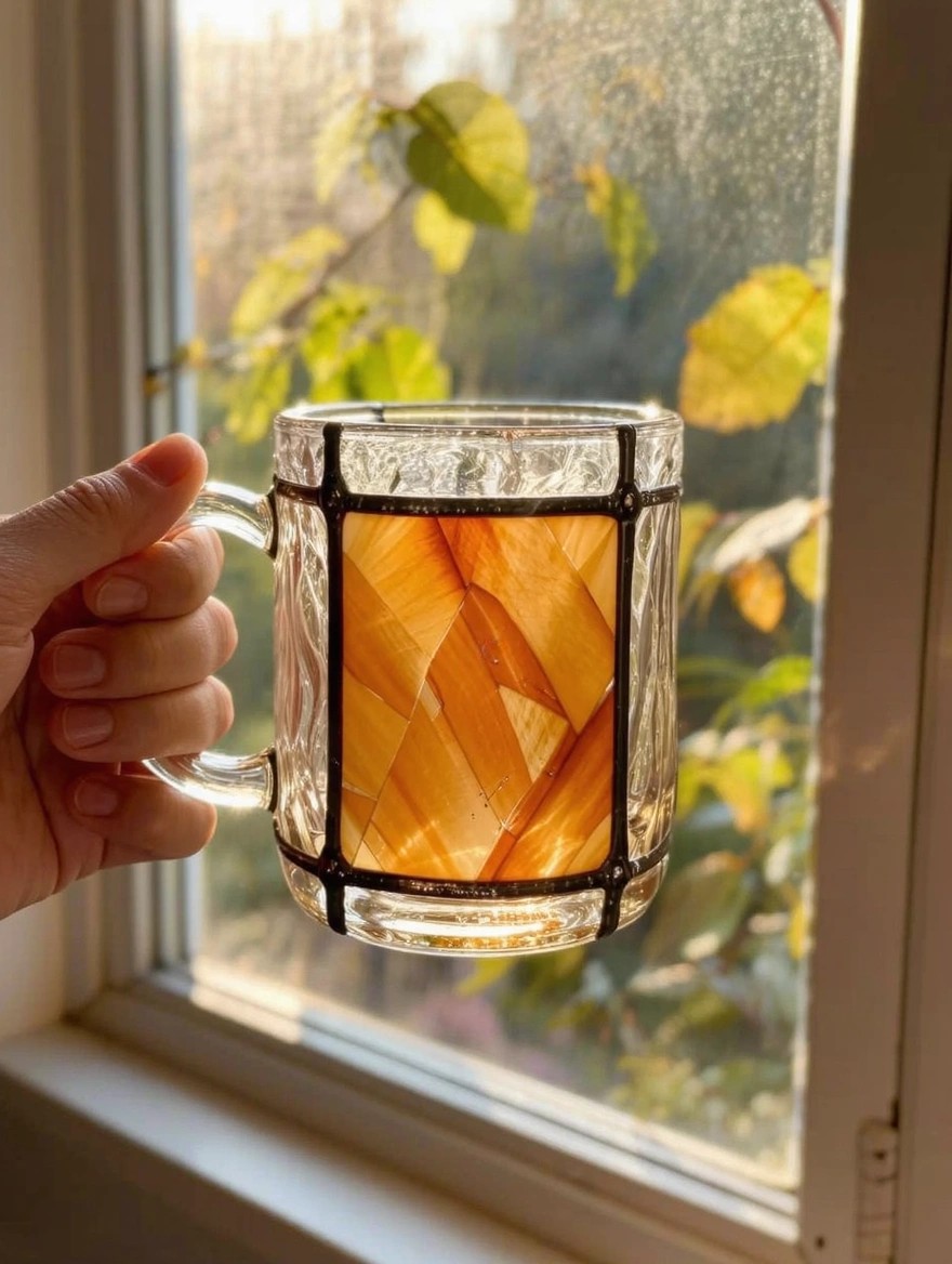 Hand holds a clear glass mug with black-framed orange painted panels filled with brownish liquid against a window with green leaves outside.