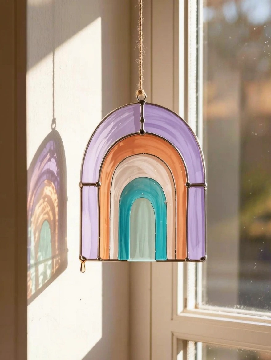 A soldered stained glass suncatcher in an arched rainbow shape with purple, orange, cream, teal, and green panels hangs from a cord near a sunlit window.