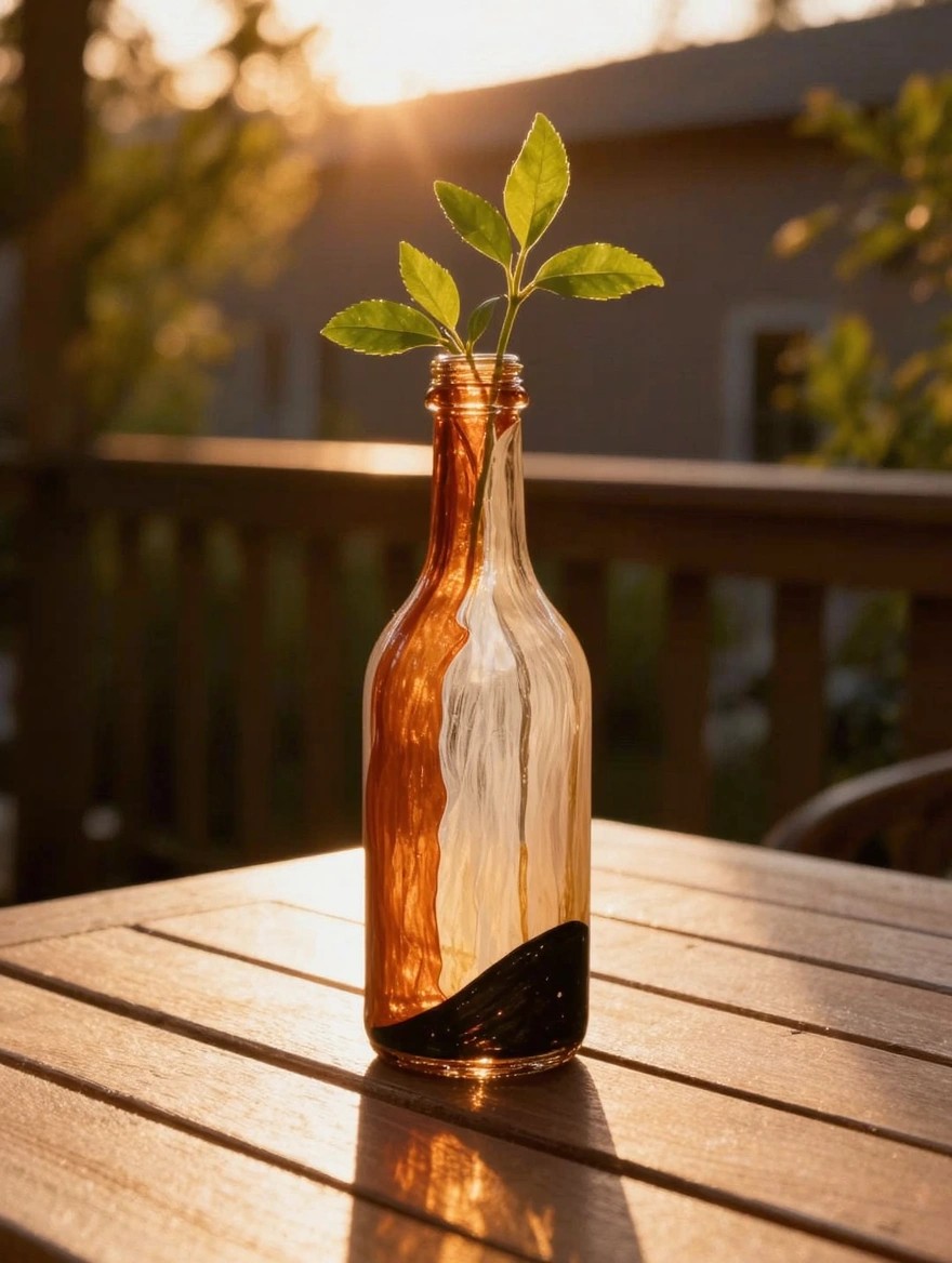 Clear glass bottle with matte black painted bottom holding a small green leafy plant sprig in water, glowing orange from sunset light on a wooden deck table.