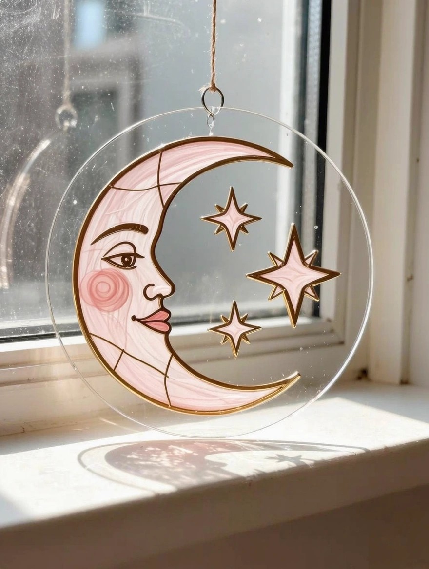 A translucent pink stained glass-style circular suncatcher with a crescent moon face and gold-outlined stars hangs from a cord in a sunny window.