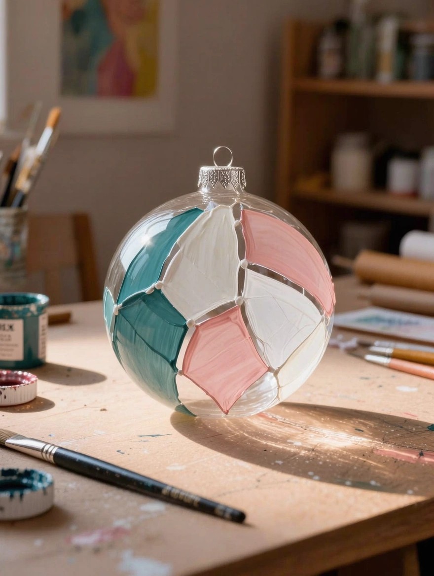 A clear glass Christmas ornament painted with geometric panels in teal, pink, and white sits on a wooden table surrounded by art supplies in a studio.
