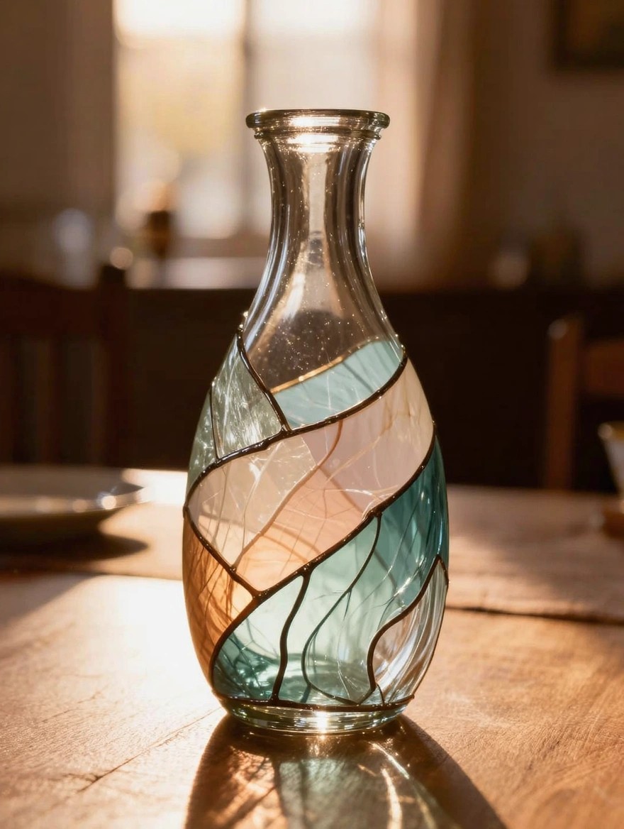 Clear glass vase with painted geometric stained glass-style panels in teal, blue, orange, and pink sits on a wooden table in soft sunlight.