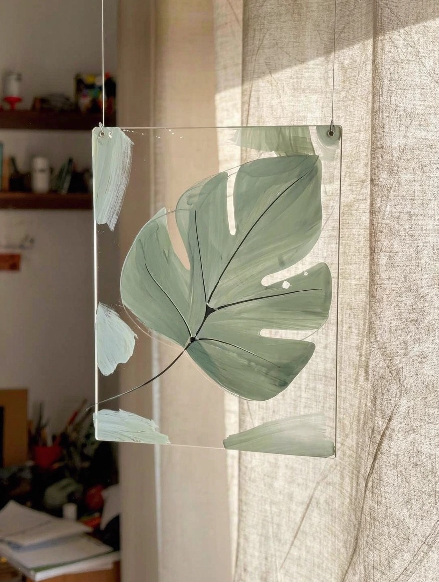 Clear rectangular glass panel with painted green monstera leaf hangs by string near a window with sheer curtains, plants, and shelves in background.